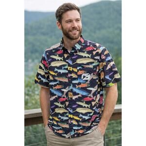 Kavu Mens River Wrangler Short Sleeve Performance Stretch Button Up Shirt Fish L